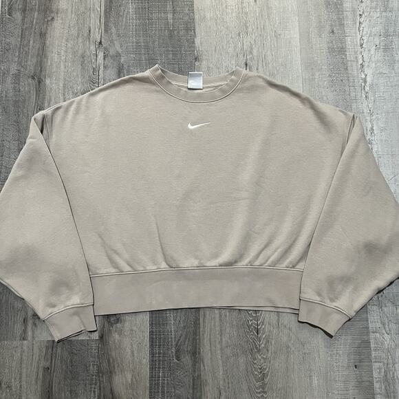 Nike Centerswoosh Sweatshirt Womens Beige Cropped Cotton Crewneck Size Medium - Picture 1 of 4
